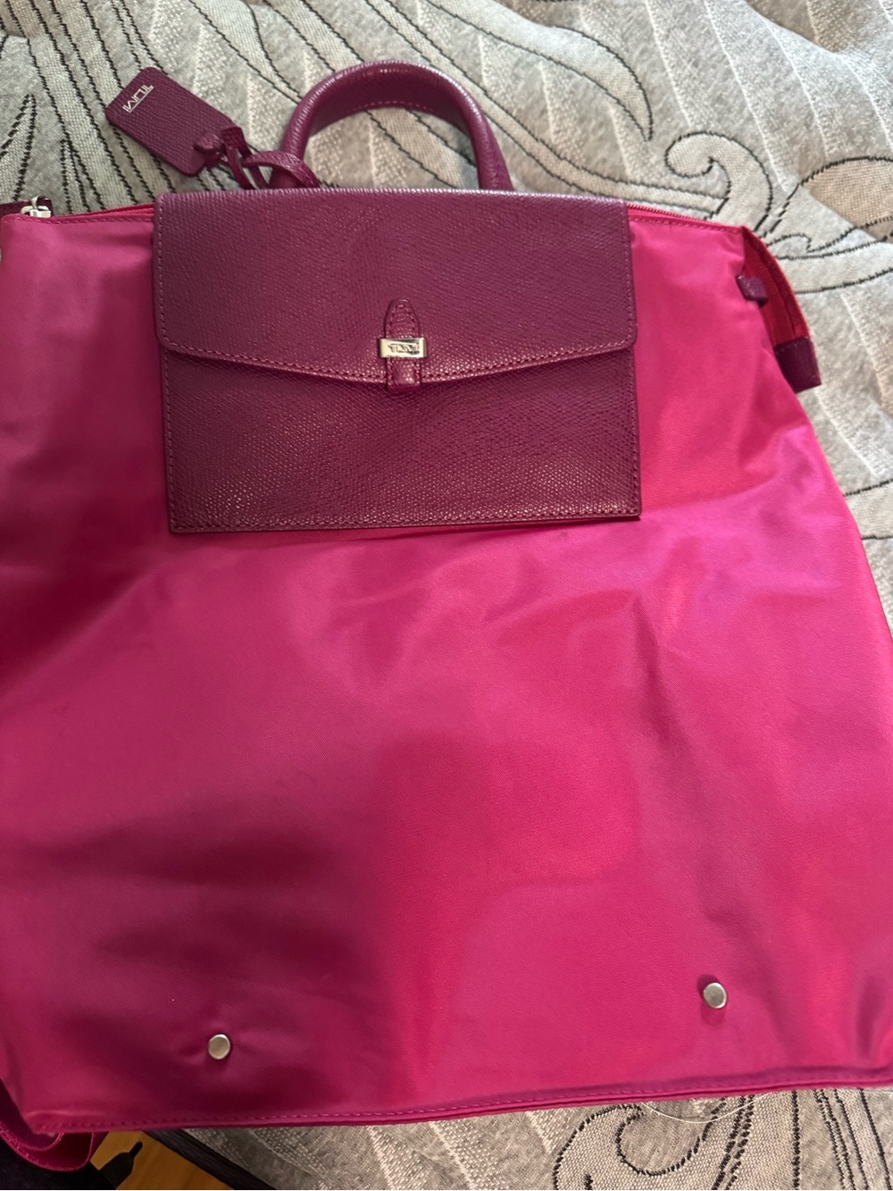 Tumi Hot Pink Travel Tote with Burgundy Leather Flap.